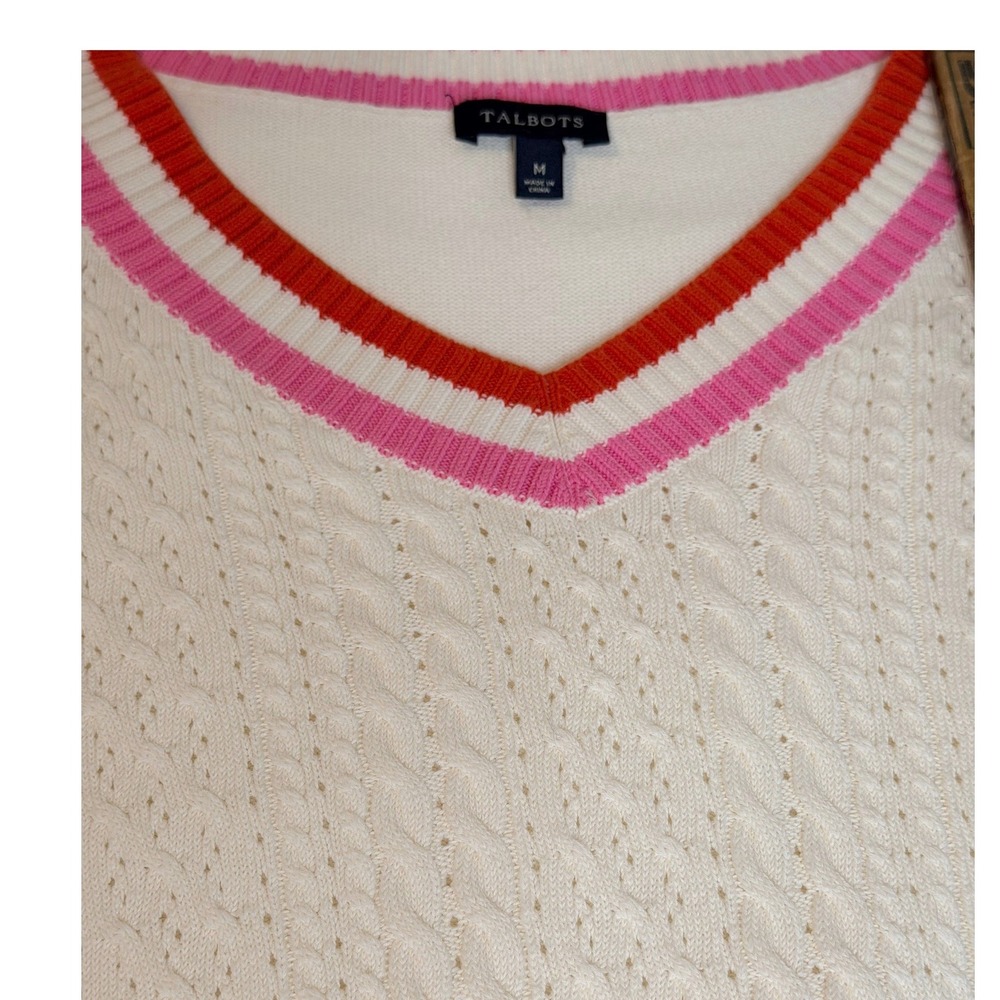 Talbots V-Neck Sweater Womens M Ivory Excellent Pink Orange Trim Cable Knit - Picture 8 of 8